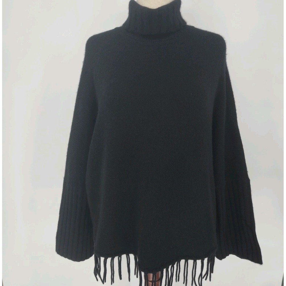 Mariele Waithe 100% Cashmere Sweater L Black Turtleneck Fringe Poncho Cape